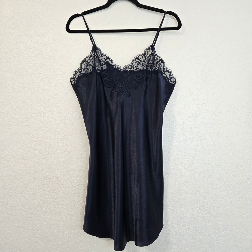 Erika Taylor Intimates Navy Blue Satin Lace Trim Chemise Nightgown Lingerie L